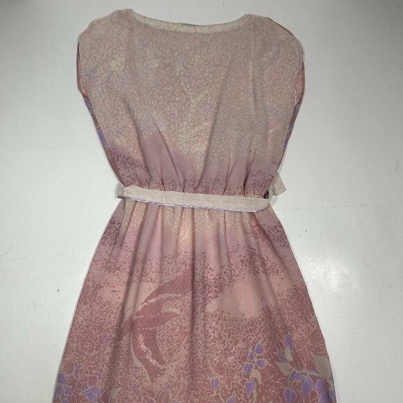 Vtg 80s Unbranded Pink Floral Elastic Waist Sheer Slit Midi Dress Belt Sz M ? - Picture 7 of 9